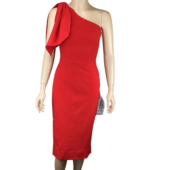 Dress The Population NWT Tiffany One Shoulder Midi Dress Size XXS Red Bow Detail - Picture 2 of 11